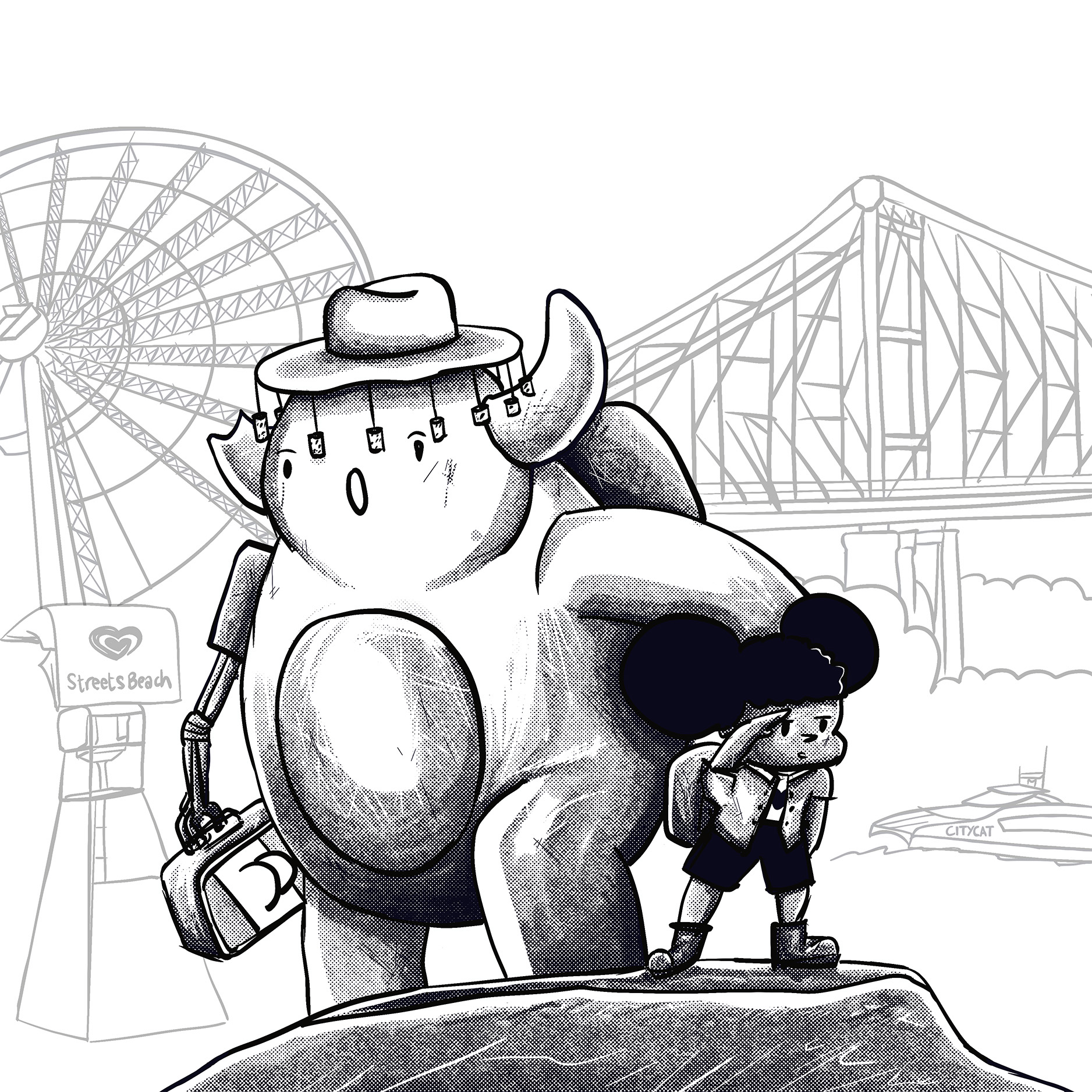 A black and white drawing of 2 Humankind Core Characters standing on a rock. Background illustration of Southbank landmarks in Brisbane.