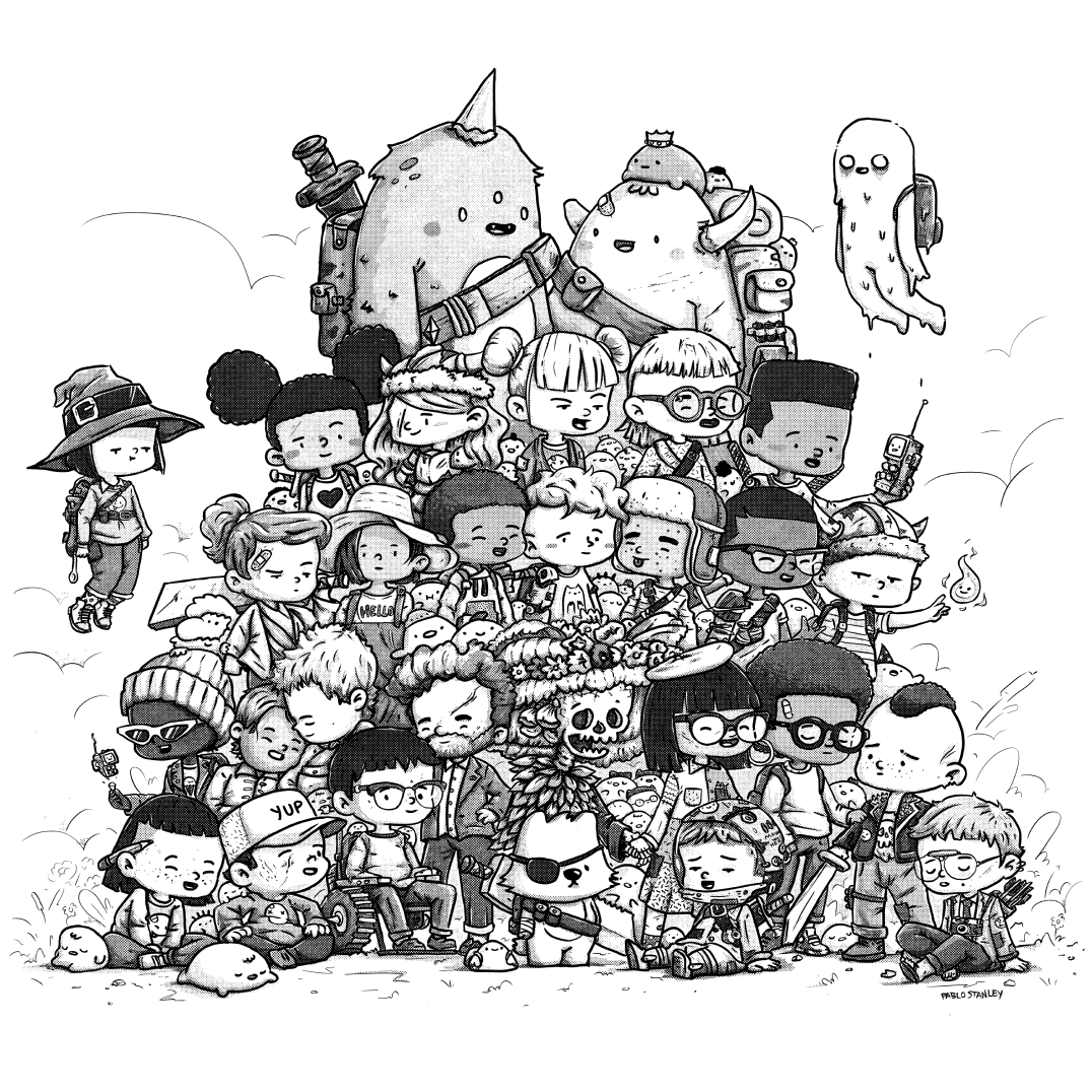 a black and white drawing of a group of people and creatures from HumanKind.