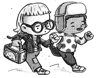 Black and white illustration of two humankind characters walking.